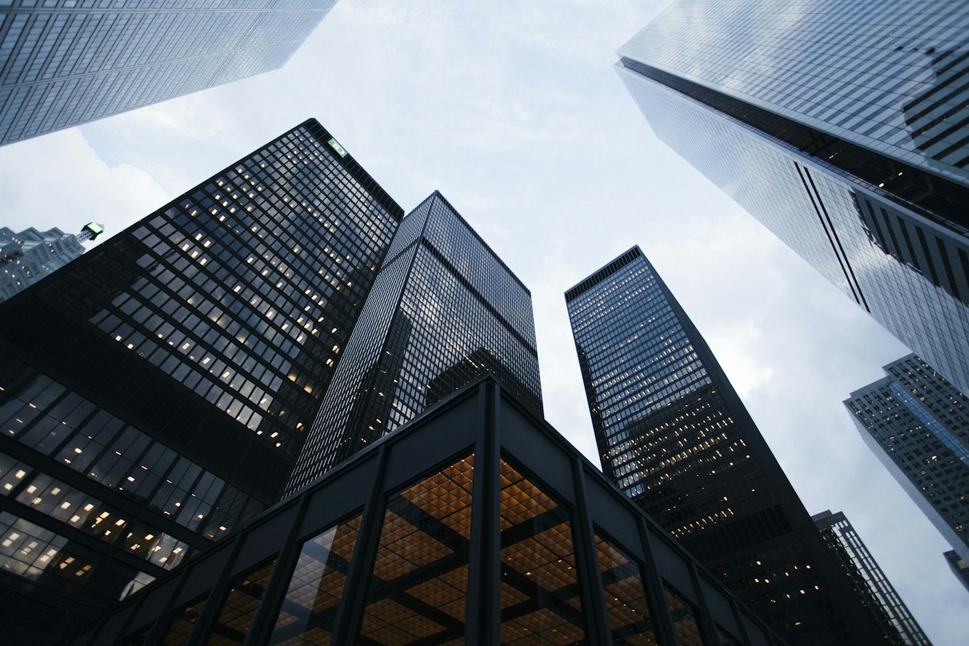 Angular city architecture seen from below, suggesting new directions in digital strategy